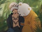  ^_^ affectionate bad_id bad_twitter_id bear bepo blurry blurry_background blush closed_eyes crossed_arms earrings facial_hair goatee hat jewelry jumpsuit looking_at_another namagomi_(op_laaaaw_tan) one_piece orange_jumpsuit plant sideburns torso trafalgar_law upper_body yellow_eyes 