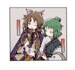  1boy 1girl brown_hair brown_shirt cape closed_mouth cocopalm frills genderswap genderswap_(ftm) green_eyes green_hair long_hair lsd_~long_slow_distance~ medium_hair purple_cape recursive_genderswap shirt smile soga_no_tojiko touhou toyosatomimi_no_miko white_sleeves 