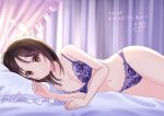  1girl blush bra breasts brown_eyes brown_hair cleavage collarbone commentary_request commission dated_commentary desk_lamp fingernails floral_print head_on_pillow highres lamp looking_at_viewer lying medium_breasts medium_hair navel on_bed on_side original osumi_izumi panties purple_bra purple_panties signature skeb_commission smile translated underwear underwear_only 