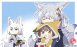  3girls animal_costume animal_ears azur_lane cat_mug chibi crossover cup eating food fox_costume fox_ears fox_girl fox_tail hair_ornament head_rest historical_name_connection japanese_clothes kaga_(azur_lane) kaga_(battleship)_(azur_lane) kaga_(kancolle) kantai_collection kimono kitsune kyuubi mug multiple_girls multiple_tails name_connection popcorn shinano_(azur_lane) sleeping sleeping_on_person tail taisa_(kari) translated tray twitter_username two-tone_background 