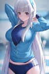  1girl absurdres arms_up blue_archive blue_buruma blue_shirt blurry blurry_background blush breasts buruma grey_hair headgear highres jacket large_breasts long_hair looking_at_viewer midriff noa_(blue_archive) partially_unzipped po_ppe purple_eyes shirt smile solo straight_hair track_jacket very_long_hair 