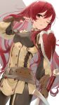 1girl armor belt black_pants brown_belt brown_gloves closed_mouth detached_sleeves fingerless_gloves fire_emblem fire_emblem_awakening gloves haru_(nakajou-28) highres holding holding_sword holding_weapon long_hair looking_at_viewer one_eye_closed pants pauldrons red_eyes red_hair severa_(fire_emblem) shoulder_armor single_fingerless_glove single_pauldron solo sword twintails very_long_hair weapon 