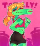 absurd_res alligator alligatorid anthro bike_shorts bottomwear bratty_(undertale) breasts clothing crocodilian female hi_res one_eye_closed onimiere pink_background rear_view reptile scalie shirt shorts side_boob simple_background solo tank_top tight_bottomwear tight_clothing tight_shorts topwear undertale_(series) wink