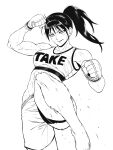  1girl abs absurdres barefoot biceps breasts clenched_hands fingerless_gloves gloves gym_shorts high_contrast highres ishido_natsuo jamrolypoly kicking long_hair medium_breasts midriff mma_gloves motion_blur muscular muscular_female ponytail shorts solo sports_bra sweat teppu very_sweaty 