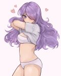  1girl bra camilla_(fire_emblem) clothes_lift commentary cowboy_shot fire_emblem fire_emblem_fates grey_background grey_shirt heart highres lifted_by_self long_hair looking_at_viewer navel purple_eyes purple_hair purrlucii shirt shirt_lift short_sleeves simple_background solo standing stomach thighs underwear very_long_hair white_bra 