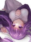  1girl absurdres blunt_bangs breasts closed_mouth dress fern_(sousou_no_frieren) hand_on_own_chest highres large_breasts long_hair long_sleeves looking_at_viewer lying on_back pout purple_eyes purple_hair sidelocks solo sousou_no_frieren straight_hair tanatu_0 upside-down very_long_hair white_dress 