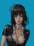  1girl animal_ears black_hair blue_background blue_eyes blunt_bangs blunt_ends breasts chromatic_aberration cleavage collarbone commentary english_commentary highres jacket large_breasts leather leather_jacket medium_hair nico_robin one_piece polka_dot polka_dot_shirt shirt short_sleeves sideways_glance simple_background solo undershirt zipper zipper_pull_tab zu_yuan_cesar 