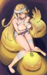  1girl bandages barefoot blonde_hair breasts commentary_request feet halloween highres jack-o&#039;-lantern knees_together_feet_apart large_breasts legs long_hair looking_at_viewer looking_up monoi_daru mythra_(xenoblade) naked_bandage nude pumpkin sitting solo swept_bangs thighs tiara toenails toes very_long_hair xenoblade_chronicles_(series) xenoblade_chronicles_2 yellow_eyes 
