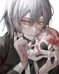  1boy bandaged_hand bandages black_jacket black_nails blood closed_mouth collared_shirt grey_hair holding holding_skull hoxgenes jacket long_sleeves looking_at_viewer male_focus original red_eyes shirt short_hair skull smirk white_shirt 