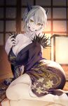  1girl artoria_pendragon_(fate) artoria_pendragon_(lancer_alter)_(fate) bare_shoulders black_kimono blonde_hair braid breasts commission emanon123 fate/grand_order fate_(series) french_braid highres horns indoors japanese_clothes kimono lantern looking_at_viewer revealing_clothes skeb_commission smile socks solo yellow_eyes 