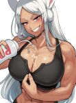  1girl abs animal_ears bare_arms bare_shoulders black_sports_bra boku_no_hero_academia bottle breasts breasts_day cleavage collarbone covered_nipples dark-skinned_female dark_skin good_breasts_day grin harurukan highres holding holding_bottle large_breasts long_eyelashes long_hair looking_at_viewer mirko muscular muscular_female naughty_face navel parted_bangs partially_unzipped pouring pouring_onto_self rabbit_ears rabbit_girl red_eyes smile solo sports_bra suggestive_fluid sweat teeth unzipping upper_body very_long_hair water_bottle white_background white_hair 