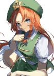  1girl blue_eyes china_dress chinese_clothes dress green_dress green_headwear highres hong_meiling looking_at_viewer pocche-ex red_hair sketch sleeveless sleeveless_dress smile solo touhou white_background 