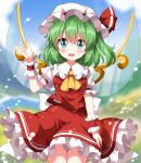  1girl blurry blurry_background blush commentary_request cosplay cowboy_shot daiyousei fairy_wings flandre_scarlet flandre_scarlet_(cosplay) frilled_skirt frills green_eyes green_hair hat hat_ribbon highres looking_at_viewer mob_cap open_mouth outdoors red_ribbon red_skirt red_vest ribbon ruu_(tksymkw) shirt short_hair short_sleeves skirt solo touhou vest white_headwear white_shirt wings wrist_cuffs 
