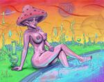 absurd_res areola big_breasts bong breasts crossed_legs drugs elemental_creature elemental_humanoid eyelashes feet_in_water female fungi_fauna fungi_humanoid fungus hi_res humanoid looking_at_viewer mushroom mushroom_cap mushroom_humanoid navel nipples nude pink_body pool purple_areola purple_eyes purple_nipples solo thesolunion thick_thighs wide_hips
