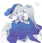  2girls armlet blue_eyes closed_eyes dated dress duel_monster fins gradient_hair grey_hair hair_over_one_eye head_fins hug hug_from_behind long_hair medium_hair multicolored_hair multiple_girls mzroas open_mouth pale_skin parted_lips purple_hair signature sketch sleeves_past_fingers sleeves_past_wrists smile tearlaments_havnis tearlaments_merrli veil wide_sleeves yu-gi-oh! 