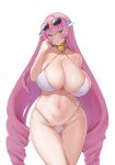  1girl bare_shoulders bikini blue_eyes blush breasts curvy gold_collar highleg highleg_bikini highres huge_breasts last_origin long_hair looking_at_viewer mole mole_under_mouth narodenden navel official_alternate_costume pink_hair serapias_alice simple_background skindentation smile solo standing stomach string_bikini sunglasses swimsuit thighs very_long_hair wide_hips 