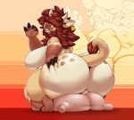 2017 4_fingers anthro big_breasts big_butt big_udders biped bovid bovine breasts butt butt_grab cattle crouching ear_tag female fingers gesture hair hair_over_eyes hand_on_butt hi_res highland_cattle huge_breasts huge_butt lily_(puffedup) mammal nude ok_sign rear_view ruff smile solo splashyu teats udders white_hair