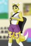 2023 absurd_res anthro athletic_wear bandai_namco black_sclera blue_eyes blurred_background bottomwear bra breasts canid clothed clothing colored_nails digimon digimon_(species) digital_media_(artwork) female fur gym gym_bag gym_bottomwear gym_clothing gym_shorts hi_res looking_at_viewer mammal midriff nails navel neck_tuft phoxst pinup pose purple_nails renamon shorts solo sports_bra sportswear tail tight_bottomwear tight_clothing tight_shorts tuft underwear yellow_body yellow_fur