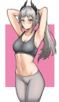  1girl arknights armpits arms_up breasts cleavage collarbone commentary cowboy_shot crop_top fangs_(fangs_art) grey_eyes grey_hair grey_pants highres irene_(arknights) leggings long_hair looking_at_viewer medium_breasts midriff navel pants ponytail scar scar_across_eye solo sports_bra standing stomach thighs very_long_hair 