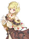  1girl bare_shoulders blonde_hair book brown_dress citrinne_(fire_emblem) dress earrings feather_hair_ornament feathers fire_emblem fire_emblem_engage gold_choker gold_trim hair_ornament highres holding holding_book hoop_earrings itakama jewelry leather_wrist_straps mismatched_earrings red_eyes solo wing_hair_ornament 