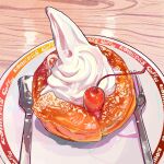  cherry food food_focus fork fruit highres indoors komeda&#039;s_coffee miri_illust no_humans original pastry plate restaurant shiro-noir spoon table whipped_cream wooden_table 