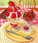  chair dessert food food_focus fruit highres ice_cream indoors miri_illust no_humans notebook original spoon strawberry table tray whipped_cream wooden_chair wooden_tray 