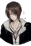  ... 1boy black_gloves blue_eyes brown_hair chain_necklace commentary_request cropped_torso dated final_fantasy final_fantasy_viii fur-trimmed_jacket fur_trim furrowed_brow gloves hand_up hiryuu_(kana_h) jacket jewelry male_focus necklace one_eye_closed open_clothes open_jacket scar scar_on_face shirt short_hair signature solo speech_bubble squall_leonhart translation_request upper_body v-neck wet wet_clothes wet_face wet_hair wet_jacket wet_shirt white_shirt 