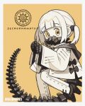  1girl black_gloves blue_archive bodysuit border chibi commentary_request ein_(blue_archive) gloves grey_border highres jacket knees_together_feet_apart koru_koruno long_sleeves looking_at_viewer orange_background orange_eyes respirator simple_background sleeves_past_wrists solo tail twintails white_bodysuit white_hair white_jacket wide_sleeves 