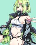  1girl black_jacket black_panties black_shorts blue_background breasts cleavage commentary_request earclip earrings fingerless_gloves full_body gloves green_eyes green_hair green_nails hair_ornament hairclip highleg highleg_panties highres hinokuma_ran jacket jewelry looking_at_viewer medium_bangs multicolored_hair multiple_earrings nanashi_inc. navel off_shoulder open_clothes open_jacket open_mouth panties pink_gloves pink_hair seiza short_hair shorts sideboob simple_background sitting small_breasts solo strapless streaked_hair stud_earrings stuffed_animal stuffed_toy teddy_bear toridesu949914 tube_top two-tone_hair underwear virtual_youtuber white_tube_top 