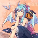  1girl bare_shoulders blue_eyes blue_hair candy crossed_legs demon_horns demon_wings duel_monster fake_horns flying food gradient_hair hairband hallohallo halloween_costume happy_halloween hat holding holding_candy holding_food horns jack-o&#039;-lantern jacket jacket_partially_removed lollipop multicolored_hair mzroas one_side_up pink_hair rilliona_(yu-gi-oh!) sitting streaked_hair wide_sleeves wings witch_hat witchcrafter_madame_verre yu-gi-oh! 