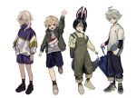  4boys aged_down ahoge animal_ears black_footwear black_hair blonde_hair book character_request child chongyun_(genshin_impact) closed_mouth commentary_request cyno_(genshin_impact) dark-skinned_male dark_skin fox_ears genshin_impact grey_hair hair_between_eyes highres holding holding_book holding_umbrella jacket long_hair long_sleeves looking_at_viewer looking_to_the_side lyney_(genshin_impact) male_focus multicolored_hair multiple_boys no6_gnsn outstretched_arm overalls red_eyes short_hair shorts simple_background smile tail tighnari_(genshin_impact) umbrella white_hair 