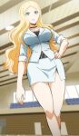  1girl anime_screencap ansatsu_kyoushitsu belt blonde_hair highres irina_jelavic legs office_lady skirt uniform white_uniform 