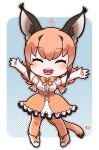  1girl animal_ears blue_background bow bowtie caracal_(kemono_friends) cat_ears cat_girl cat_tail elbow_gloves extra_ears full_body gloves highres kemono_friends kemono_friends_v_project kneehighs long_hair looking_at_viewer microphone mugise_hitsuji orange_hair shirt shoes simple_background skirt sleeveless sleeveless_shirt socks solo tail virtual_youtuber 