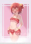  1girl akaza_akari bikini bracelet day double_bun hair_bun hair_ornament hands_on_own_hips highres jewelry navel open_mouth red_bikini red_hair simple_background smile solo swimsuit thighs twintails_(mantids) yuru_yuri 