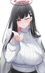  1girl black_hair blue_archive breasts fly_kiss highres huge_breasts lengkuass looking_at_viewer red_eyes ribbed_sweater rio_(blue_archive) sweater turtleneck turtleneck_sweater 