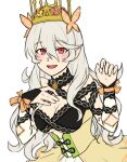  1girl bow breasts butterfly_hair_ornament celine_(fire_emblem) celine_(fire_emblem)_(cosplay) corrin_(female)_(fire_emblem) corrin_(fire_emblem) cosplay cross-laced_clothes cross-laced_dress crown dress fire_emblem fire_emblem_engage hair_ornament highres large_breasts orange_bow orange_gemstone orange_wristband princess red_eyes solo wrist_bow yellow_dress zuzu_(ywpd8853) 