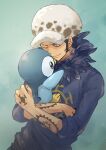  1boy arm_tattoo bad_id bad_twitter_id blue_background commentary commentary_request earrings facial_hair feathered_collar goatee hand_tattoo hat highres hug jewelry looking_at_another looking_down male_focus namagomi_(op_laaaaw_tan) one_eye_closed one_piece piplup pokemon pokemon_(creature) short_hair sideburns smile tattoo trafalgar_law upper_body 
