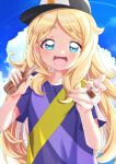  1girl :d asuka_ruu baseball_cap black_headwear blonde_hair blue_eyes blue_sky bottle cloud commentary_request day fang hands_up hat highres hizuki_(hiduki6121) holding holding_bottle incoming_drink kiratto_pri_chan long_hair looking_at_viewer open_mouth outdoors pretty_series purple_shirt shirt short_sleeves sky smile solo sparkle swept_bangs t-shirt tupet upper_body 