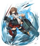  1girl brown_eyes brown_hair commentary_request corset crossbow full_body gun headband highres kantai_collection long_sleeves machinery pleated_skirt red_skirt shirt short_hair_with_long_locks skirt solo sunday_aki taihou_(kancolle) thighhighs water weapon white_shirt 
