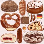  alcohol beer bread bread_slice cup dessert dried_fruit drinking_glass food food_focus german_flag highres icing miri_illust no_humans original pastry pretzel sausage 