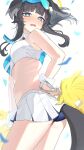  1girl absurdres ass bangle bare_arms bare_shoulders black_hair blue_archive blue_eyes blue_panties blunt_bangs blush bracelet breasts confetti cowboy_shot crop_top from_behind hair_ornament ham3c hand_on_own_hip hibiki_(blue_archive) hibiki_(cheer_squad)_(blue_archive) highres jewelry long_hair looking_at_viewer looking_back medium_breasts midriff miniskirt nose_blush open_mouth panties pleated_skirt pom_pom_(cheerleading) ponytail sidelocks simple_background skirt sleeveless solo standing tail thighs underwear wavy_mouth white_background white_skirt 