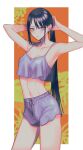  1girl alternate_costume arms_behind_head arms_up bare_arms black_hair blue_shorts blue_tank_top border breasts closed_mouth contrapposto cowboy_shot drawstring earrings expressionless fate/grand_order fate_(series) fern flower_earrings grey_eyes hair_lift hands_in_hair holding holding_hair jewelry jing_ke_(fate) kanitama_(putyourhead) long_hair looking_at_viewer midriff navel orange_background outside_border ponytail shorts simple_background small_breasts solo tank_top very_long_hair white_border 