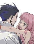  1boy 1girl arm_tattoo blunt_bangs close-up dracule_mihawk facial_hair hug long_hair looking_at_another lowres mustache one_piece perona raine_(acke2445) shirt short_hair simple_background tattoo white_background white_shirt 