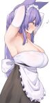  1girl animal_ears apron armpits arms_up bare_shoulders blush breasts cleavage elbow_gloves from_side gloves green_eyes hair_tie_in_mouth highres huge_breasts long_hair maid_headdress mouth_hold musical_note narodenden original purple_hair simple_background solo tying_hair white_apron white_background white_gloves 