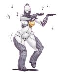 2019 alien biped breasts ciircuit dancing digital_media_(artwork) featureless_breasts featureless_face female front_view full-length_portrait genitals glistening glistening_breasts gold_body hi_res high_heeled_feet huge_hips humanoid machine medium_breasts metallic_body motion_lines musical_note not_furry nova_(warframe) nude on_one_leg portrait pose pussy raised_hand robot robot_humanoid shaded simple_background solo standing tenno thick_thighs warframe white_background white_body