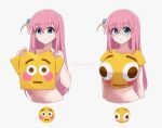  1girl :o blue_eyes bocchi_the_rock! breasts emoji flushed_face_emoji flushed_face_emoji_shirt_(meme) gotoh_hitori hair_ornament highres holding holding_clothes holding_shirt inkspirate large_breasts long_hair meme multiple_views navel pink_hair shirt simple_background sweatdrop topless upper_body white_background 