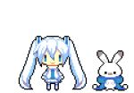  1girl animal animated animated_gif blue_scarf chibi commentary detached_sleeves grey_thighhighs hair_ornament hatsune_miku jumping long_hair looking_at_viewer looping_animation lowres mittens nekosumi official_art open_mouth pixel_art pleated_skirt pom_pom_(clothes) rabbit rabbit_yukine scarf shirt simple_background skirt sleeveless sleeveless_shirt smile thighhighs twintails very_long_hair vocaloid white_background white_hair white_mittens white_scarf white_shirt white_skirt yuki_miku yuki_miku_(2011) 