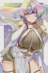  1girl ahoge bare_shoulders blush breasts choker fire_emblem fire_emblem_heroes green_hair hand_on_own_chest highres jewelry large_breasts looking_at_viewer multicolored_hair pelvic_curtain purple_eyes purple_hair rotomdocs seidr_(fire_emblem) shawl short_hair skindentation smile solo thigh_strap thighs two-tone_hair 