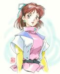  1girl anice_farm belt blue_ribbon breasts brown_eyes brown_hair chouon_senshi_borgman dated earrings hair_ribbon highres jewelry kujira_gunsou long_sleeves looking_at_viewer medium_breasts medium_hair open_mouth pink_shirt ribbon shirt simple_background solo standing 