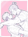  2boys arm_around_neck artist_request bara closed_eyes couple face-to-face greyscale_with_colored_background heart highres itadori_yuuji jujutsu_kaisen large_pectorals male_focus motion_lines multiple_boys muscular muscular_male noses_touching pectorals pink_background scar scar_across_eye shirt short_hair sideburns t-shirt toudou_aoi_(jujutsu_kaisen) undercut upper_body yaoi 